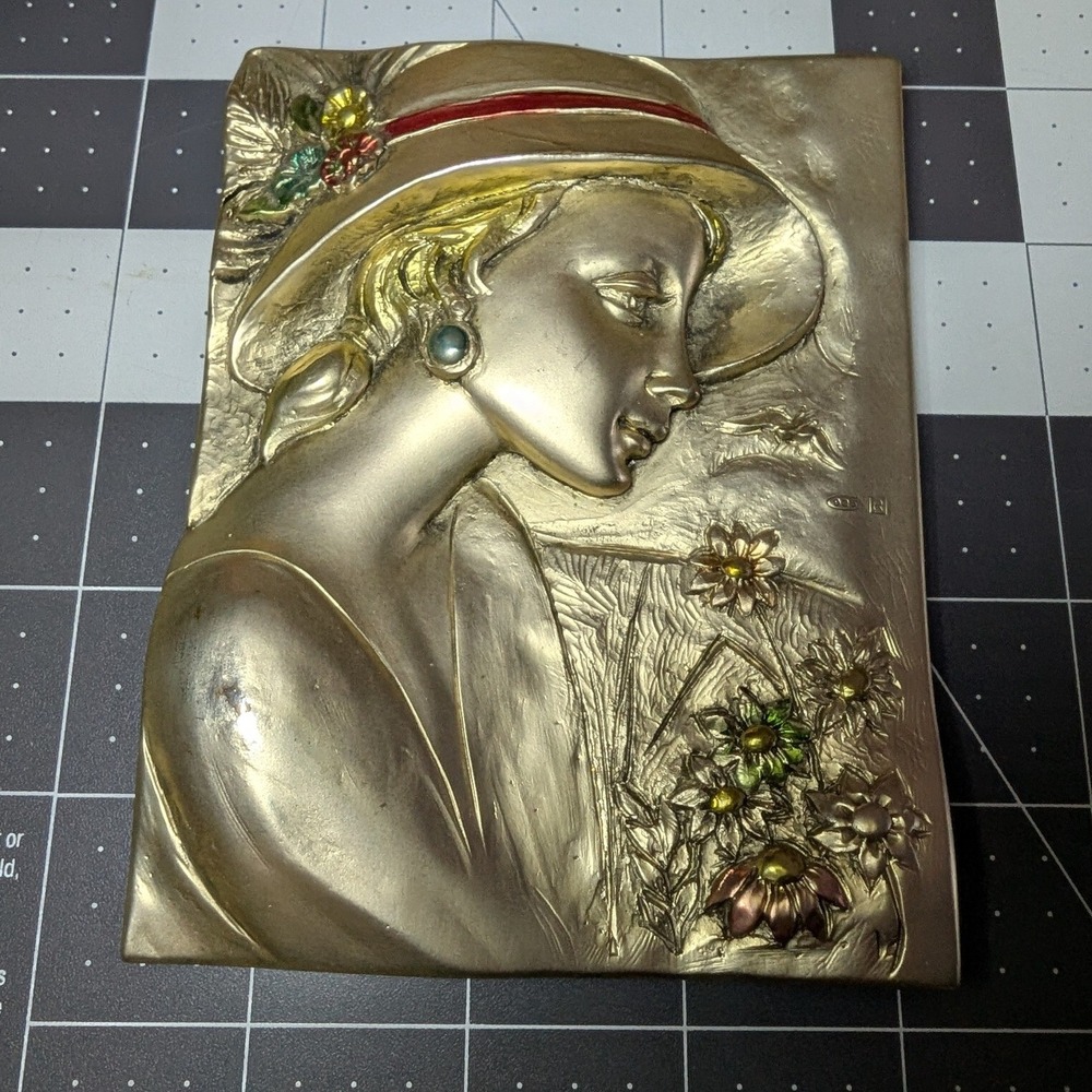 Italian 925 Riempito Sterling Silver Gold Wash resin Bas Relief Plaque Woman Art